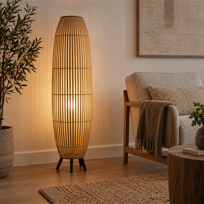 Bamboe vloerlamp met een hoge ovale lattenkap en warm licht naast een fauteuil.