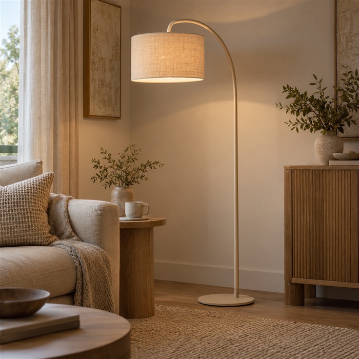 Beige vloerlamp met een linnen kap naast een zandkleurige bank en houten tafel.