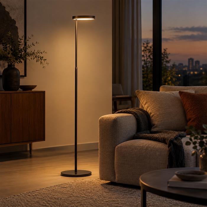 Zwarte vloerlamp met een lichtgevende schijfkap naast een bank in een schemerige woonkamer.