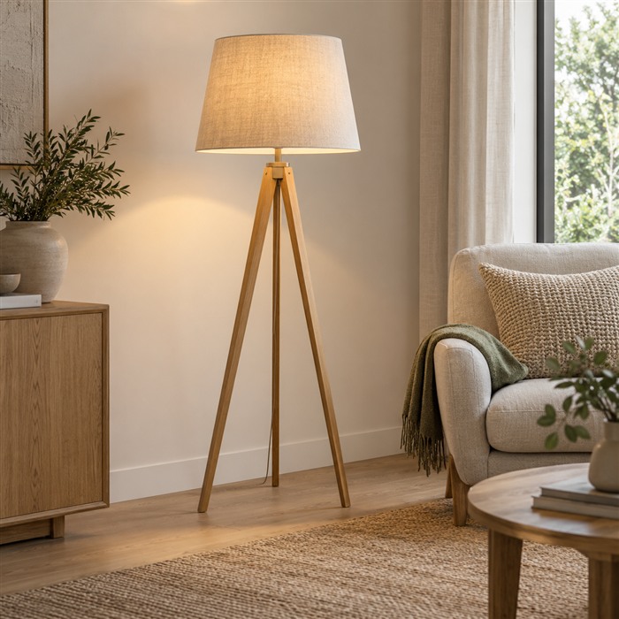 Houten driepoot vloerlamp met een beige kegelvormige kap naast een lichte bank.