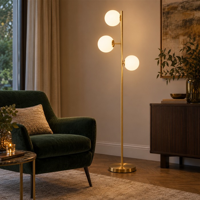 Goudkleurige vloerlamp met drie witte glazen bollen naast een donkergroene fauteuil.