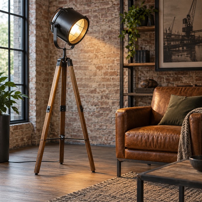 Zwarte metalen studiospot op een houten driepoot naast een leren fauteuil en een bakstenen muur.