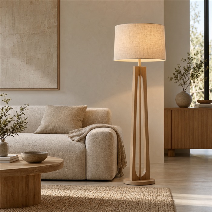 Lichte houten vloerlamp met een linnen kap naast een lage bank in een Japandi-interieur.