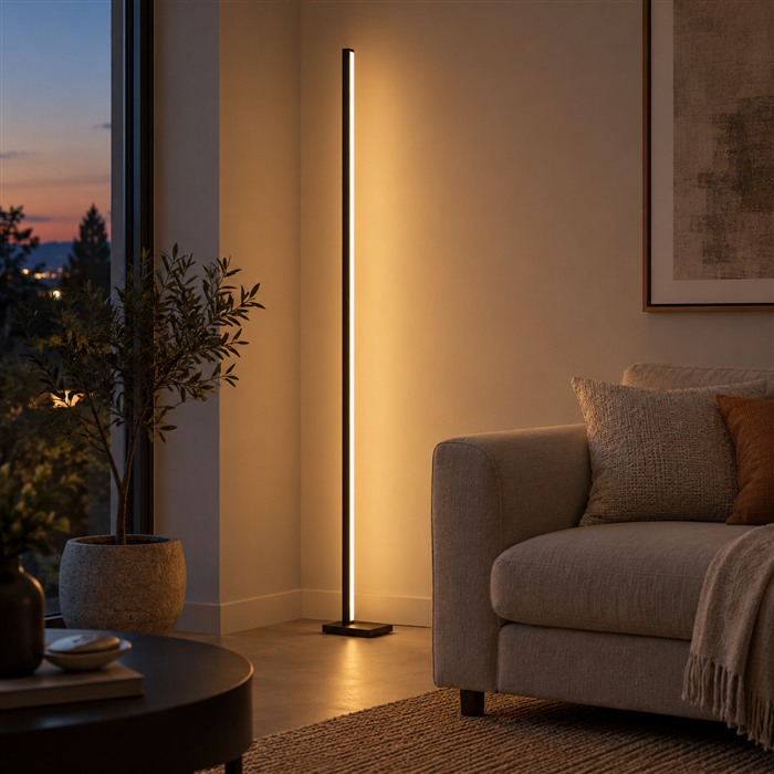 Slanke zwarte LED-vloerlamp die warm licht op de muur naast een bank werpt.