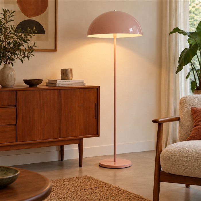 Roze retro vloerlamp met een brede paddenstoelkap naast een teakhouten kast.