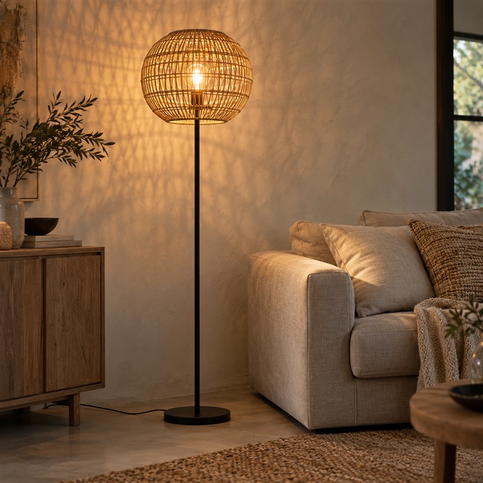 Rotan vloerlamp met een gevlochten bolkap die schaduwen op een lichte muur werpt.