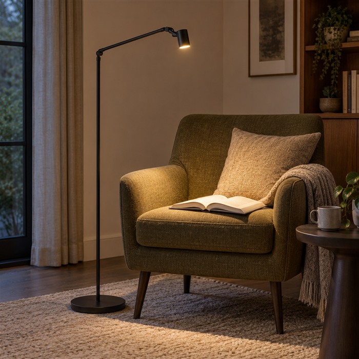 Slanke zwarte leeslamp met een verstelbare arm naast een fauteuil met een open boek.
