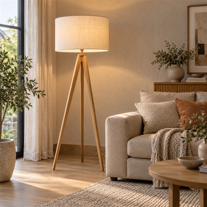 Houten driepoot vloerlamp met een crèmekleurige linnen kap naast een beige bank.