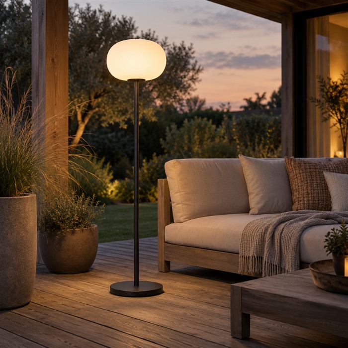 Zwarte vloerlamp met een ronde lichtgevende kap naast een loungeset op een terras.