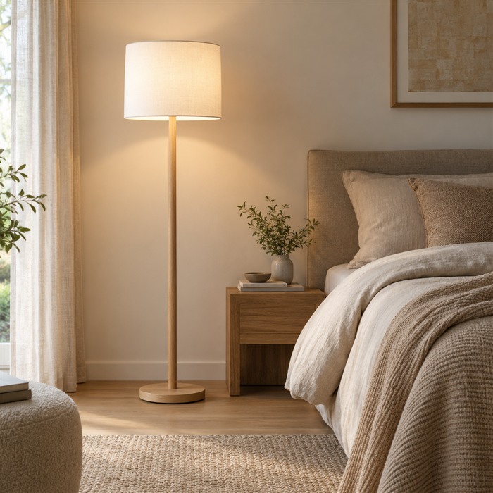Slanke vloerlamp met een witte stoffen kap naast een bed met zandkleurig beddengoed.